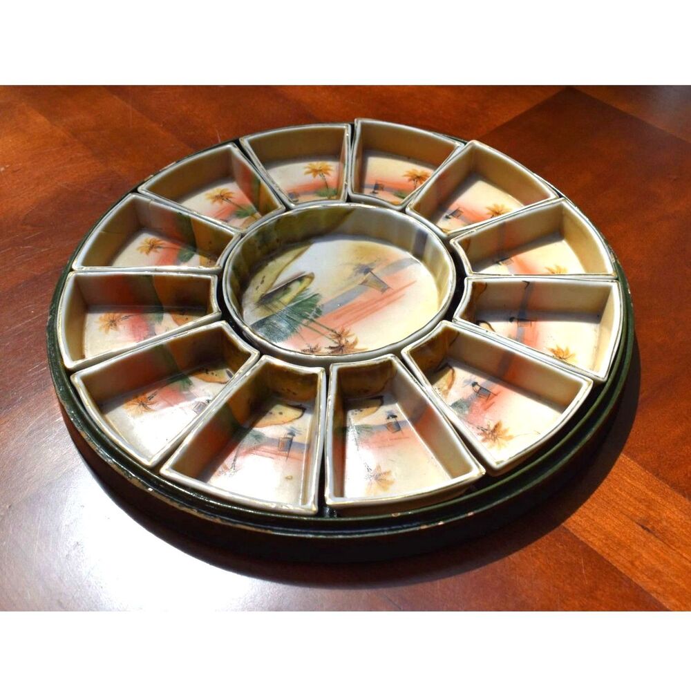 Antique Nippon 13 Piece Hand Painted Porcelain Sweetmeat Set Green Lacquer Box